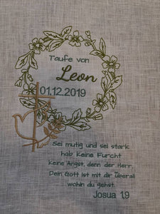 Taufdecke Tauftuch individuell gestaltbar, Leinentuch mit Spitze bestickt, Kerzentuch mit Spruch für Taufe, Kommunion, Konfirmation, 39 x 39