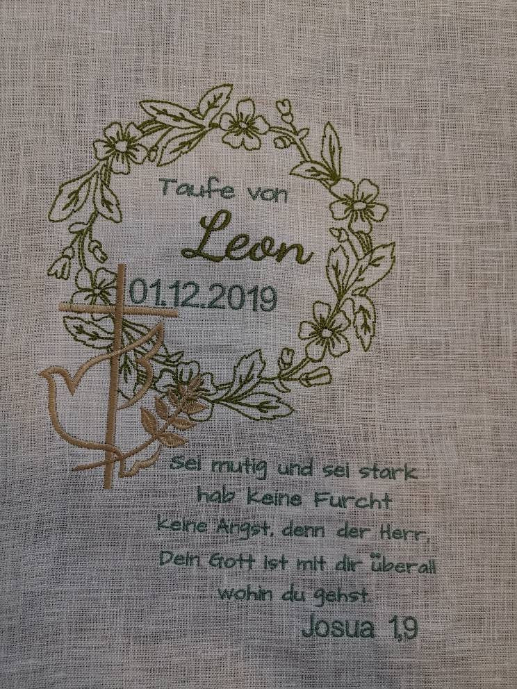 Taufdecke Tauftuch individuell gestaltbar, Leinentuch mit Spitze bestickt, Kerzentuch mit Spruch für Taufe, Kommunion, Konfirmation, 39 x 39