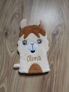 Kinder Waschhandschuh Schneemann mit Namen, individuell bestickt, Badehandschuh, Waschlappen personalisiert mit einem kleinen Badezusatz