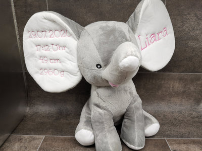 Stofftier Elefant mit Namen und Geburtsdatum bestickt, Plüschtier mit Namen, Personalisiertes Stofftier, Stofftier personalisierbar