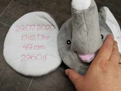 Stofftier Elefant mit Namen und Geburtsdatum bestickt, Plüschtier mit Namen, Personalisiertes Stofftier, Stofftier personalisierbar