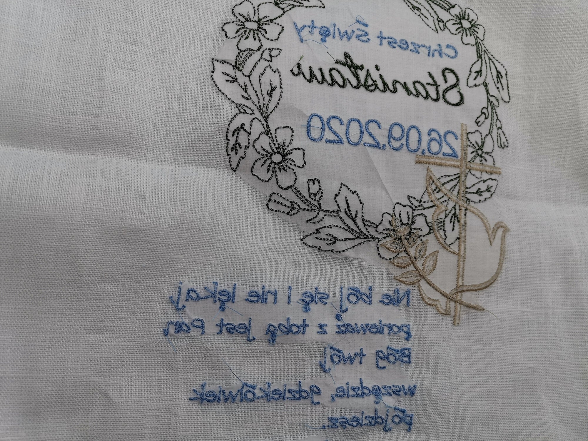 Taufdecke Tauftuch individuell gestaltbar, Leinentuch mit Spitze bestickt, Kerzentuch mit Spruch für Taufe, Kommunion, Konfirmation, 39 x 39