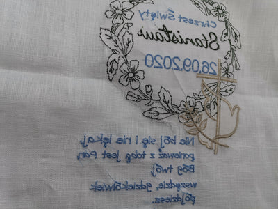Taufdecke Tauftuch individuell gestaltbar, Leinentuch mit Spitze bestickt, Kerzentuch mit Spruch für Taufe, Kommunion, Konfirmation, 39 x 39