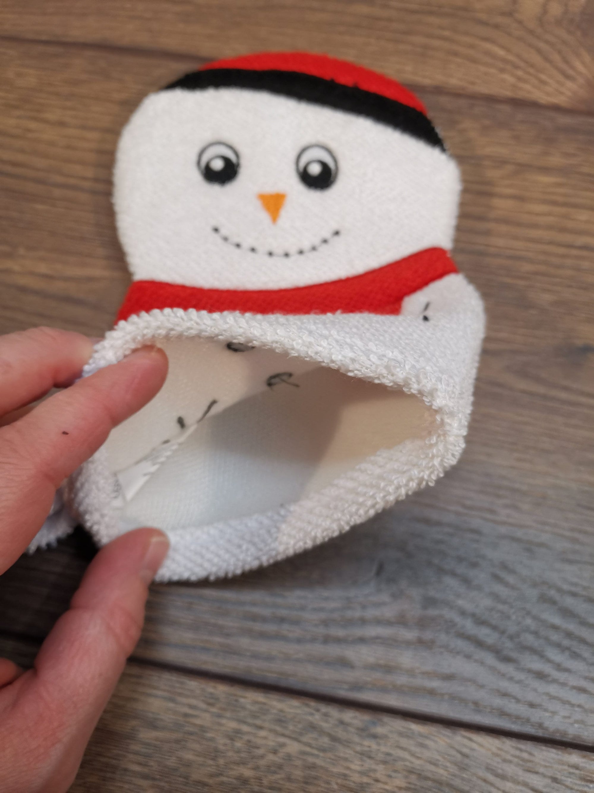 Kinder Waschhandschuh Schneemann mit Namen, individuell bestickt, Badehandschuh, Waschlappen personalisiert mit einem kleinen Badezusatz