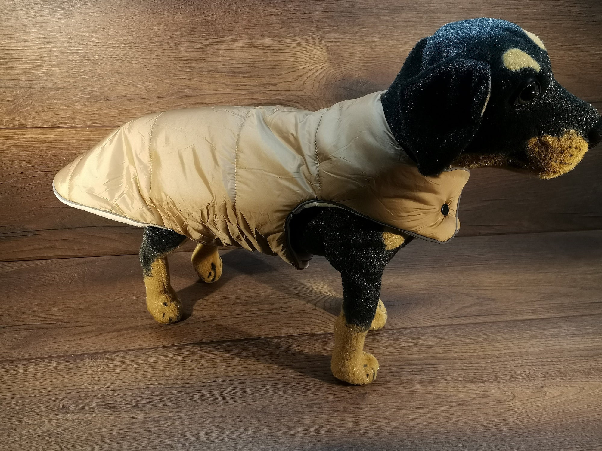 Hundemantel in beige Innenfutter mit Fleece, wasserabweisend und mit Namen bestickt