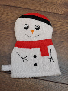 Kinder Waschhandschuh Schneemann mit Namen, individuell bestickt, Badehandschuh, Waschlappen personalisiert mit einem kleinen Badezusatz