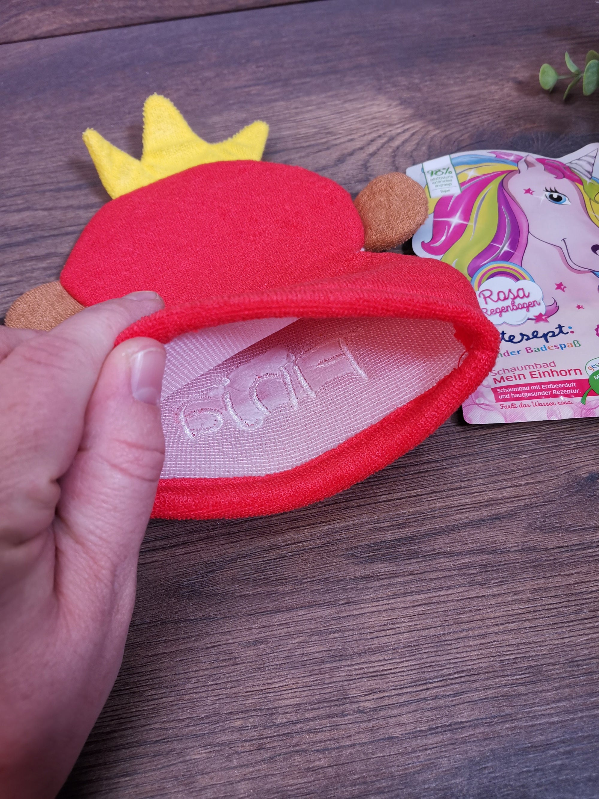Kinder Waschhandschuh Prinzessin mit Namen, individuell bestickt, Badehandschuh, Waschlappen personalisiert mit einem kleinen Badezusatz