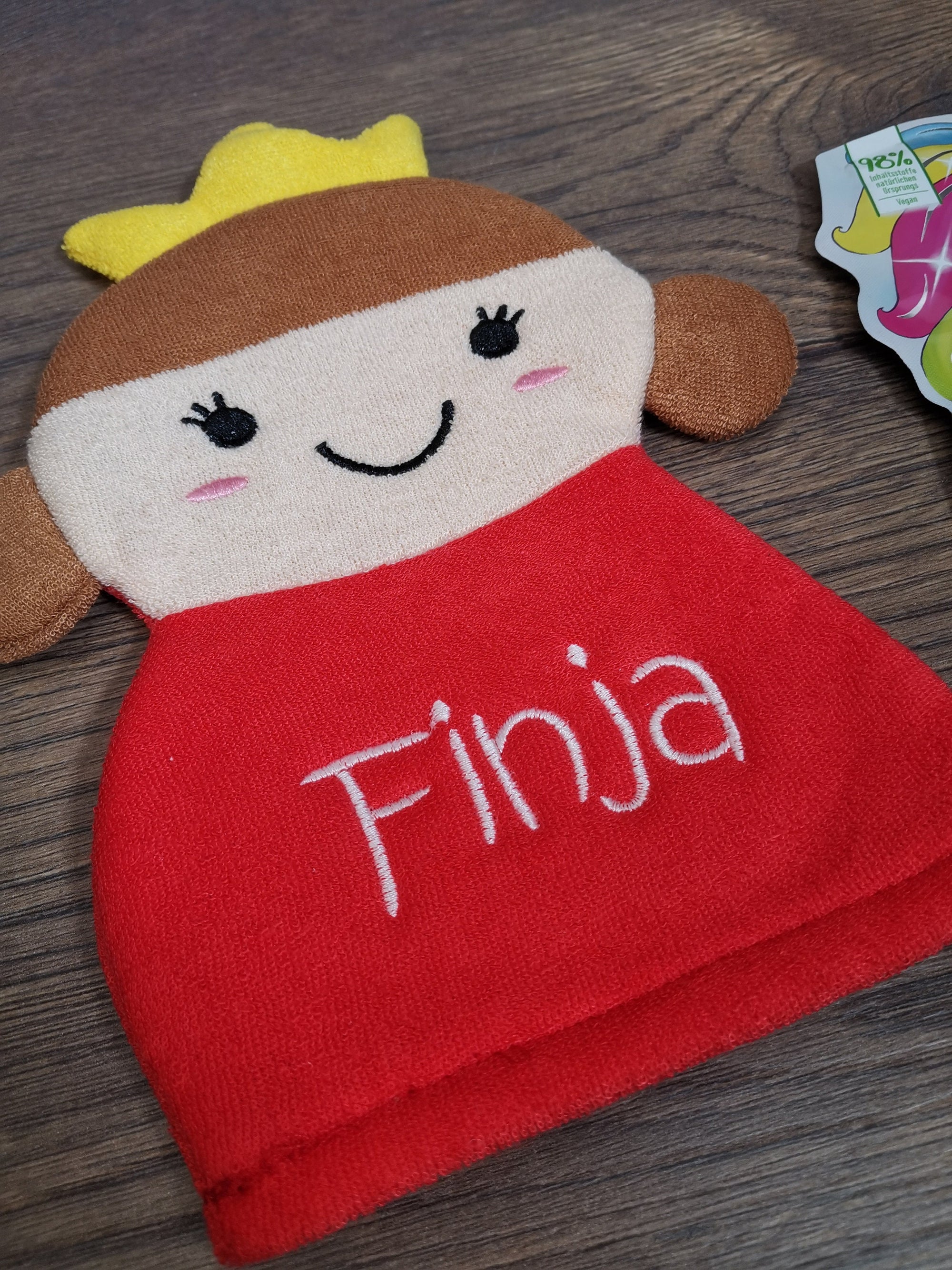 Kinder Waschhandschuh Prinzessin mit Namen, individuell bestickt, Badehandschuh, Waschlappen personalisiert mit einem kleinen Badezusatz