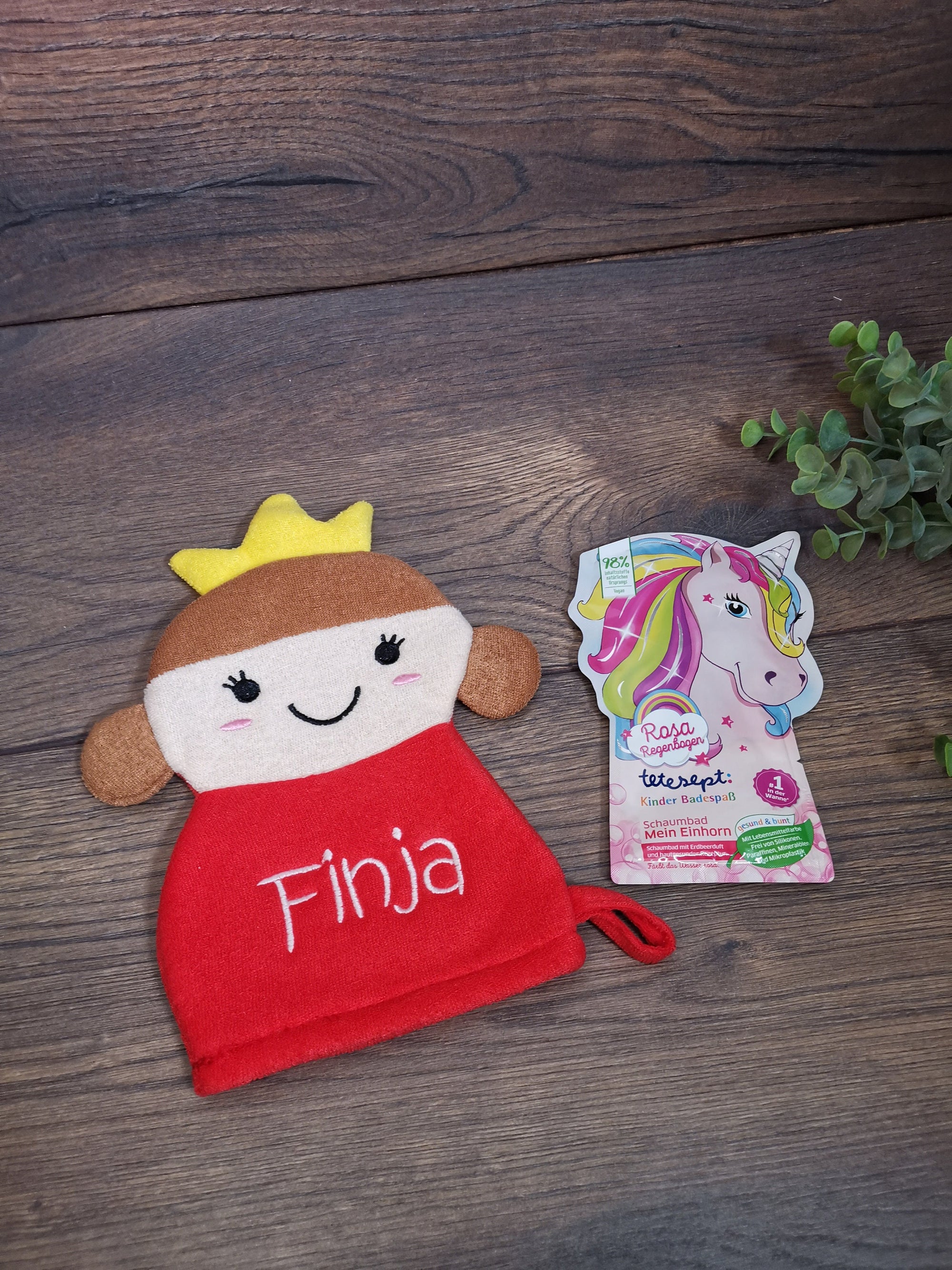 Kinder Waschhandschuh Frosch mit Namen, individuell bestickt, Badehandschuh, Waschlappen personalisiert mit einem kleinen Badezusatz