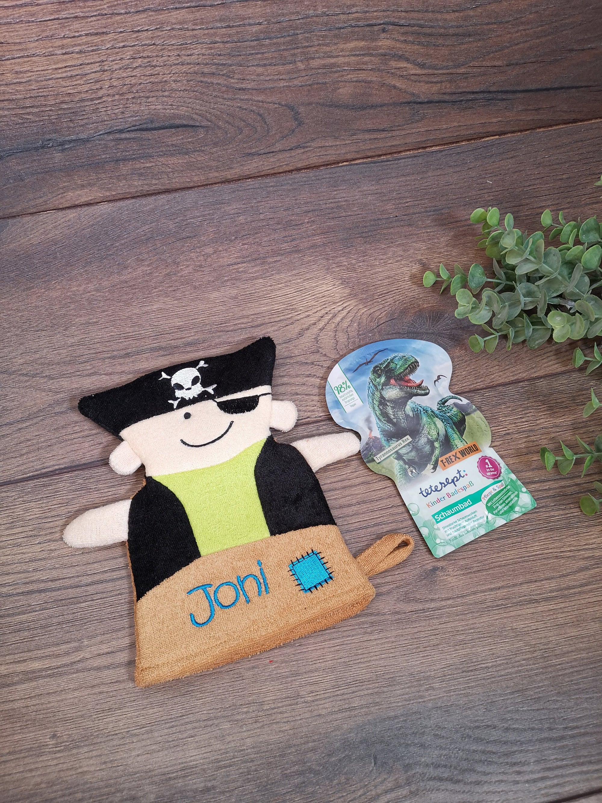 Kinder Waschhandschuh Frosch mit Namen, individuell bestickt, Badehandschuh, Waschlappen personalisiert mit einem kleinen Badezusatz