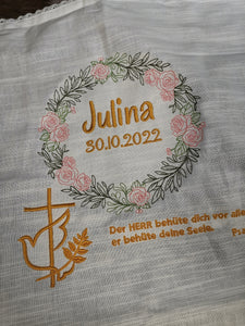 Taufdecke Tauftuch individuell gestaltbar, Baumwolltuch mit Spitze bestickt, Kerzentuch Kommunion, Konfirmation, ca. 50 x 50 cm
