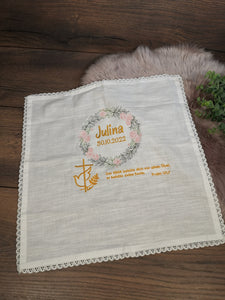 Taufdecke Tauftuch individuell gestaltbar, Baumwolltuch mit Spitze bestickt, Kerzentuch Kommunion, Konfirmation, ca. 50 x 50 cm