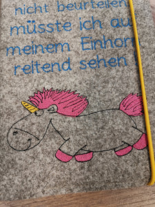 Notizbuch A5 mit Filzumschlag und lustigem Spruch mit Einhorn