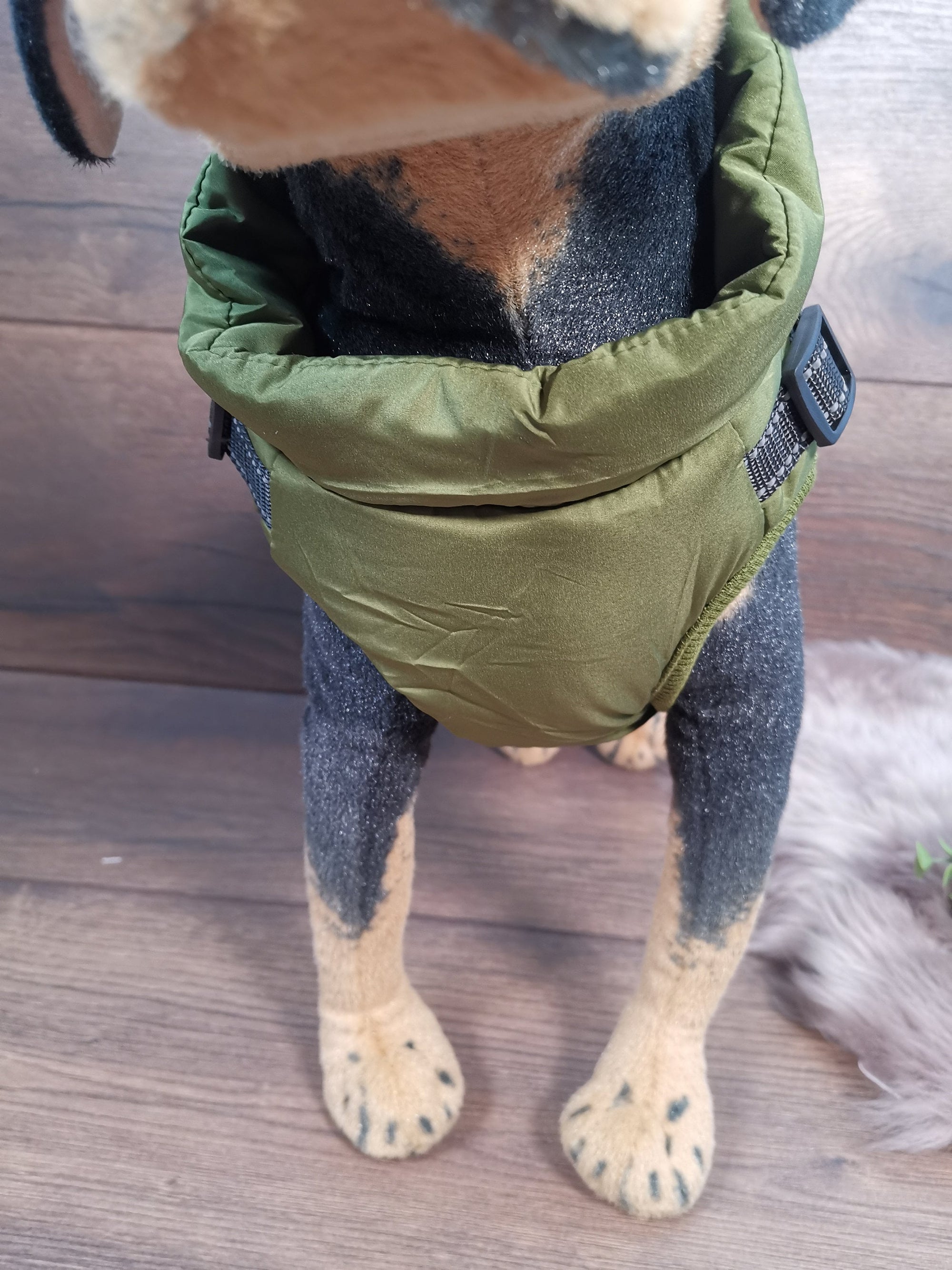 Weicher Hundemantel mit Bauschutz und Leinenhalter in Grün