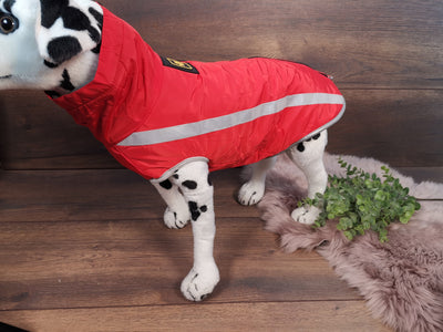 Wasserabweisender Hundemantel mit Fleece und Reißverschluss in Rot - Ideal für Hunde mit langem Rücken und mit Bauchschutz