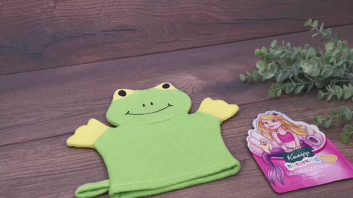 Kinder Waschhandschuh Frosch mit Namen und einem kleinen Badezusatz